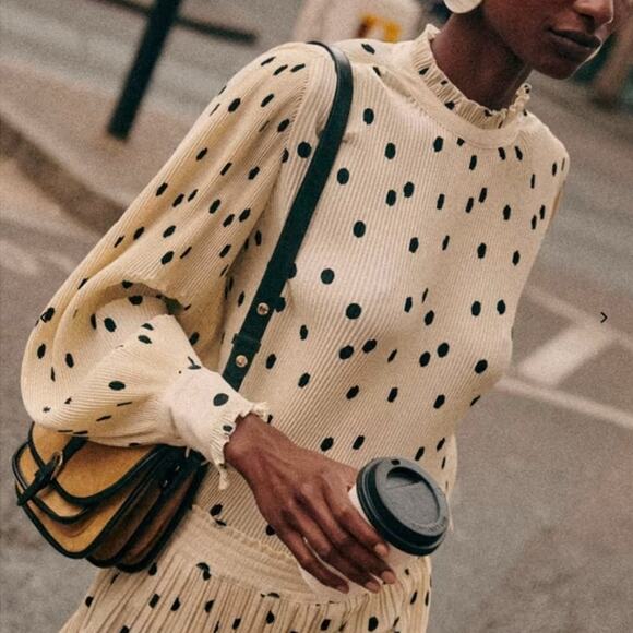 Sézane Tops - Sézane Rosalinda Blouse 14 Black Ecru Polka Dot Print Career Feminine Corpcore